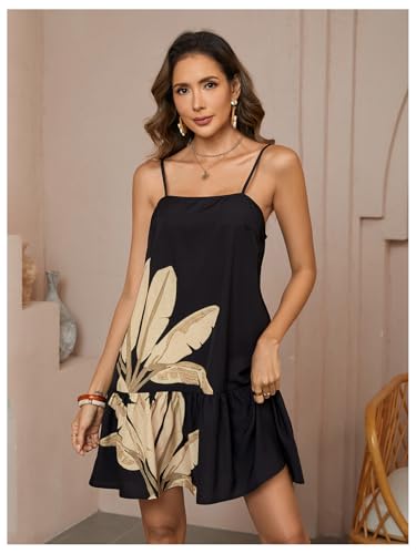 Image of RoseSeek Women's Floral Boho Flowy Mini Cami Dress Ruffle Hem Spaghetti Strap Vacation Tank Dresses