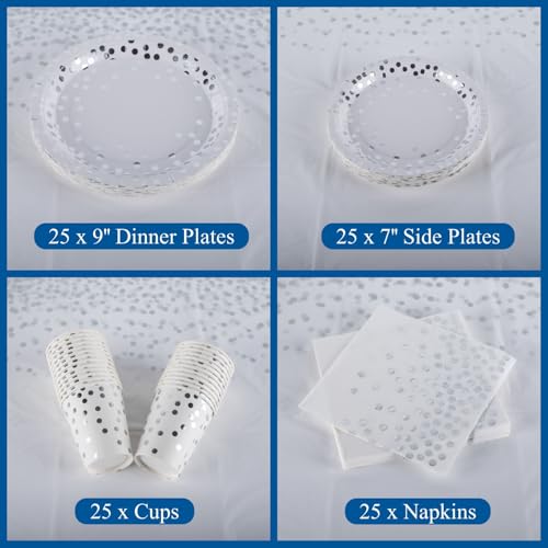 CEILIWEN 25-Guests Silver Polka Dot Party Tableware Set - 9" & 7" White & Silver Paper Plates, Cups, Napkins - Elegant Tableware for Wedding, Anniversaries, Birthday, Christmas & Events - Image 7