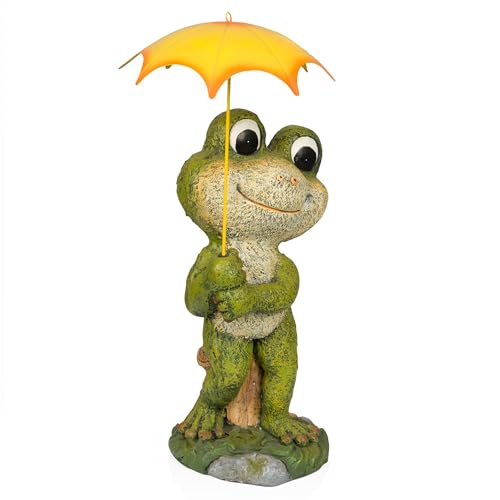 Alpine Corporation QWR1004 Indoor/Outdoor Smiling Frog with Yellow Umbrella Garden Statue, Playful Frog Statue, 23" H, Green by Alpine Corporation - Image 5
