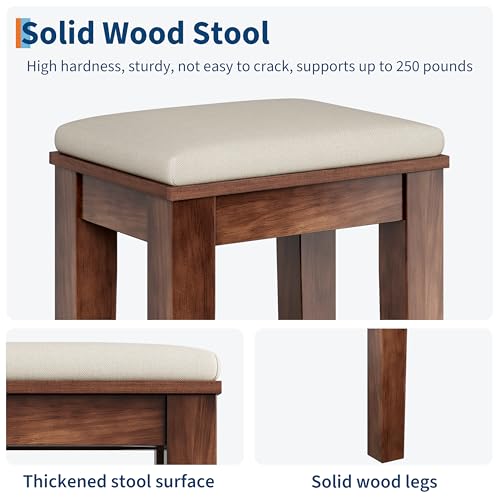 Farmhouse Makeup Vanity Desk with Solid Wood Stool, Makeup Vanity with Mirror and Lights & Power Outlet, Makeup Table with 2 Drawers, Dressing Table with Glass Top for Bedroom Dressing Room, Brown