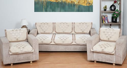 Image of MORADO Chenille 5 Seater Sofa Set Slipcover | Soft & Durable Sofa Cover for Living Room, Drawing Room & Office | Elegant Protective Furniture Cover - Offwhite