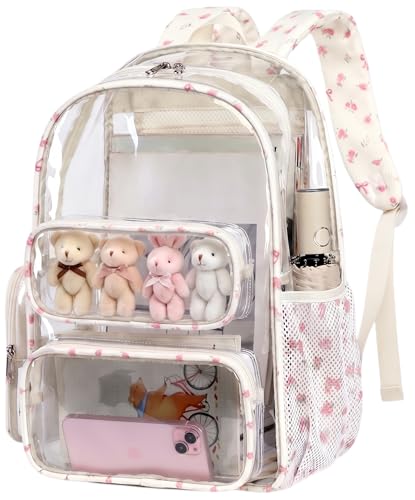 Image of BTOOP Clear Backpack Heavy Duty Transparent Backpack 17 inch See Through Bookbag for College Work Festival Security Padded Strap (pink bow floral)