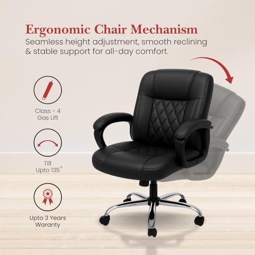 Image of activa Ergonomic Office Chair with Premium Leatherette & Padded Seat | Adjustable Height | Desk Chair for Work /Study | Chairs for Workstations (Galaxy, Jet Black)