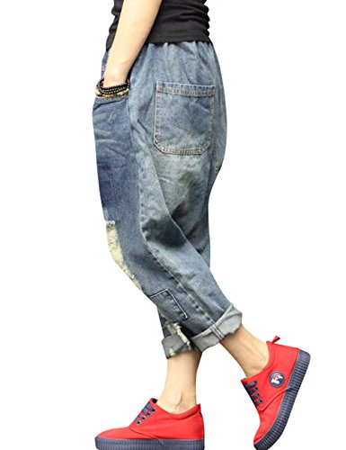 Women's Elastic Waist Harem Pants Drop Crotch Ripped Jeans Style 52