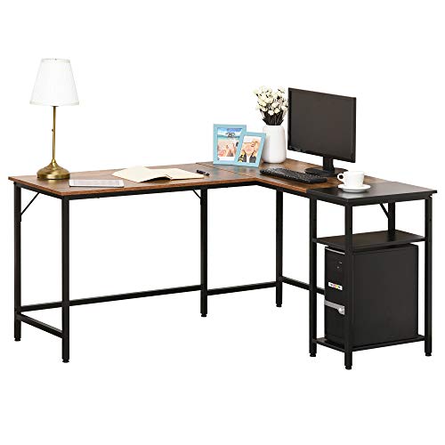 HOMCOM Escritorio Esquinero Mesa de Ordenador Estilo Industrial en Forma de L para Oficina con Estante y Pies Ajustables 150x120x75 cm Marrón Rústico