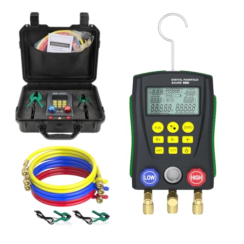 Manómetro Digital para Aire Acondicionado Kit HVAC con Base Datos 93 Refrigerantes, 150cm Mangueras de Refrigerante y Clips de Temperatura para Mantenimiento de Aires Acondicionados y Frigoríficos