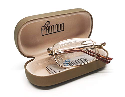 PANTONA -Gafas de Lectura Plegable Metalica con Montura Ligera,Gafas Presbicia Flexible con Mini Estuche Bolsillo Portátil,Dorado+2.00 Cover