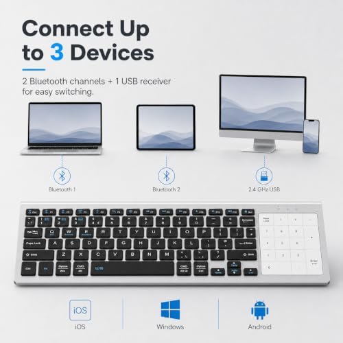 LAMA Wireless Keyboard with Numeric Touchpad, Dual Mode Bluetooth + 2.4GHz USB Computer Keyboards, Bluetooth Trackpad TV Keyboard for for PC, Laptop, Tablet, Phone, Windows, Android, Mac, iOS(B+S) - 3