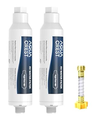 AQUA CREST RV Inline Hose Water Filter, Garden and Camper, NSF Certified, Greatly Reduces Chlorine, Bad Taste, Odor, 2 Pack with Hose Protector (Package May Vary)