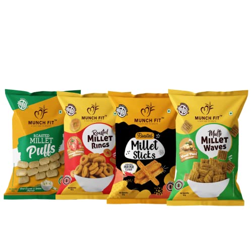 Munch Fit Roasted & Healthy Millet Snacks Combo of 4 Varieties | Tangy Tomato Rings | Cream & Onion Puffs | Peri Peri & Pani Puri | Gluten Free, Low Calorie, High Fibre, Ready to Eat Roasted Snacks