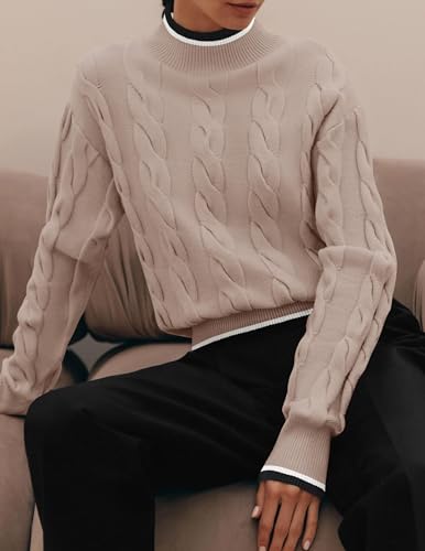 ZESICA Women's Casual Long Sleeve Mock Neck Cable Knit Contrast Color Fall 2025 Winter Chunky Pullover Sweater2