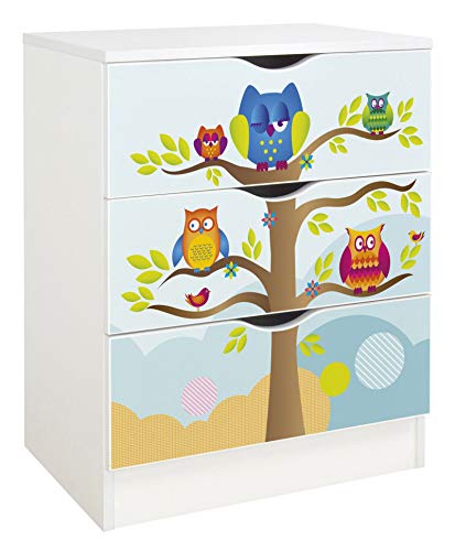 leomark cassettiera in legno 60 x 42 x 78, comò con cassetti Roma, armadietto per camera da letto casa, scuola materna, asilo nido, stile scandinavo, mobiletto con stampa UV Gufi