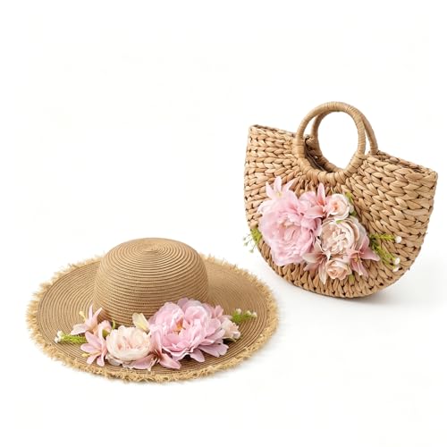 Sombrero de playa rosa para mujer con bolso de rata miniatura 1