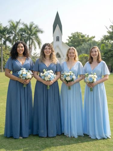 Image of Ever-Pretty Womens V Neck Applique Mother of the Bride Dresses Formal Dress | Chiffon, Short Sleeves, Ruched, A-Line, Bridesmaid Dresses, Formal Gown, Black Tie Dress