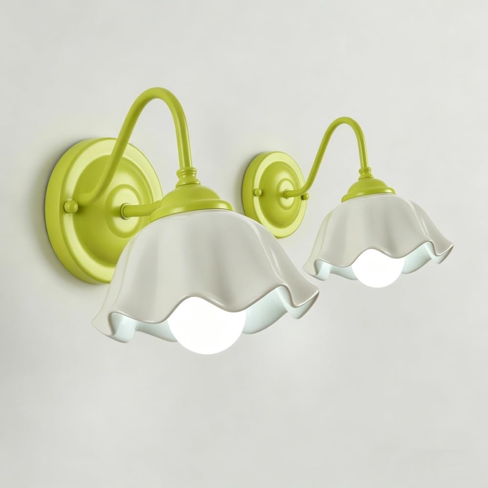 ITOSUI Flower Wall Sconce, Petal Glass Shade Wall Light, Retro Creamy Green Wrought Iron E26 Fixture, 3-Color LED Aesthetic Room Decor for Bedroom Bedside, Living Room, Hallway, Nursery(2-Pack)