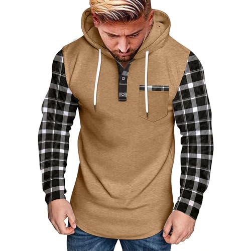 Mens Hoodies Casual Fleece Pullover Plaid Long Sleeve Hooded Sweatshirts Quarter Button Up Hoodie with Chest Pocket