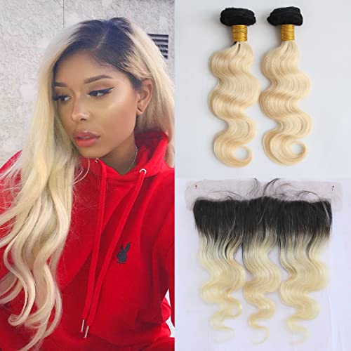 Aprilhair Pre plucked 2 Bundles With Ear To Ear 13X4 Lace Frontal Closure Ombre Dark Root 1B/613 Platinum Blonde Brazilian Virgin Human Hair Body Wave With Baby Hair (10 with 10 10)