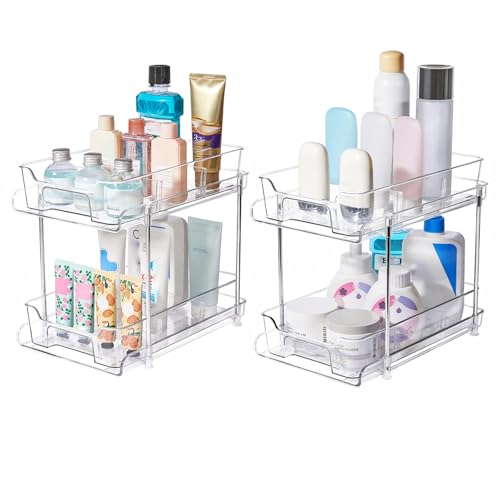 iFCOW 2 Tier Bathroom Storage Organizer, 2 Pack Clear Under Sink Organizer Pull-out Cabinet Storage Container for Kitchen Bathroom Pantry Cabinet