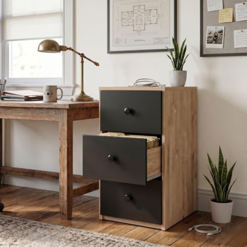 Image of FFO Wooden Filing Cabinet with 3 Drawers, Office File Storage Cabinet, Compact Document Organizer for Home Office, Study Room & Bedroom, Oak & Black (DIY).