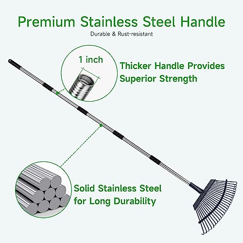 Rake for Leaves Heavy Duty 72 Inch Long Expandable Leaf Rake, 18 Inch Wide Garden Rakes with 25 Reinforced Tines and Stainless Steel Handle for Lawn, Yard, Leaf Cleanup