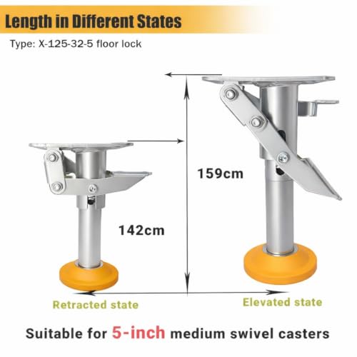 Image of Floor Lock, Adjustable Height Trolley Brake Lock, Manganese Steel 100kg Bearing Trolley Cart Lock with TPU Pad for 5 in Casters(X-125-32-5)