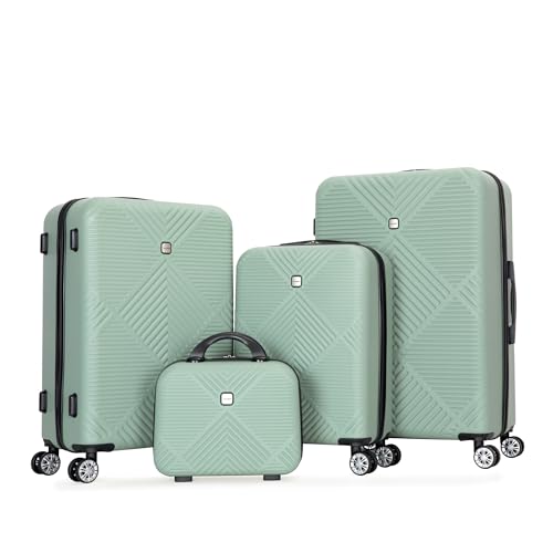 4-piece Olive Green ABS Hardside Luggage Set with 14 Inch Makeup Case - Spinner Wheels, Lightweight & Durable for Travel