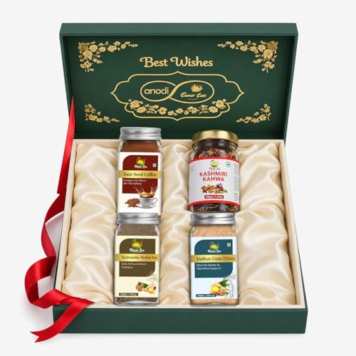 Dawn Lee Herbal Tea Gift Set – Kashmiri Kahwa, Date Seed Coffee & Indian Gum Elixir | Caffeine-Free Tea & Coffee Sampler Gift Box | Birthday, Holiday & Corporate Gift