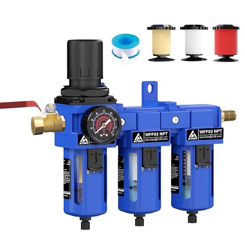 ATINY Three Stage Air Drying System, 3/8' NPT Air Compressor Filter Dryer, Air Dryer for Compressor,Semi-Auto Drain,5 &0.5 &0.01 Micron Filter Cartridgewith Ball Valve Metal Bracket