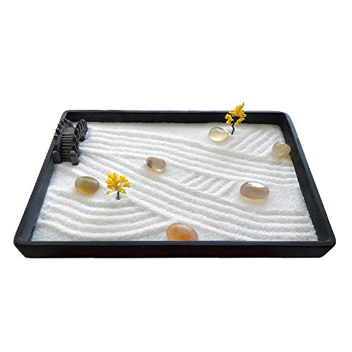 ICNBUYS - Mini Giardino Zen con Vassoio, Sabbia, rastrello Classico, rastrello da Disegno e per appiattire la Sabbia, Guida per disegnare nel Giardino Zen, Dimensioni 20,1 x 14 x 2,5 cm - B