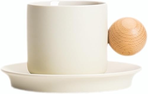 Sizikato Juego de taza y platillo de porcelana con mango de bola de madera, taza de café de 7 onzas