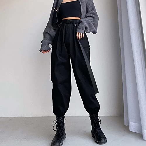 MEINVQIAOTI High Waist Solid Color Large Pocket Cargo Pants Women Loose Bundle Foot in Ribbon Black Tripp Pants2