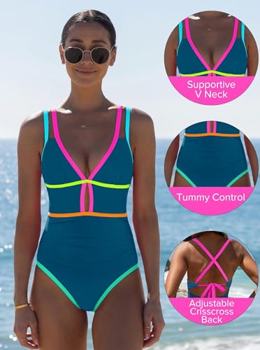 Image of popvil Women One Piece Swimsuit 2026 Tummy Control Sexy Cutout Neon Color Block Bathing Suit Slimming Adjustable Swimwear