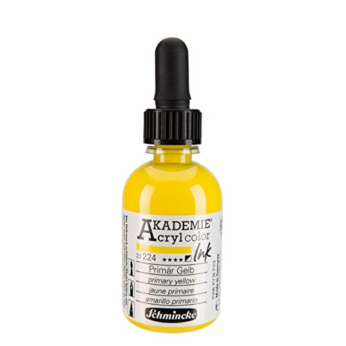 Schmincke - AKADEMIE Acryl color INK, Primär Gelb, 50 ml, 23 224 024, flüssige Acryl color-Farbe, pigmentierte Acryltinte zum Malen, Schreiben, Airbrush