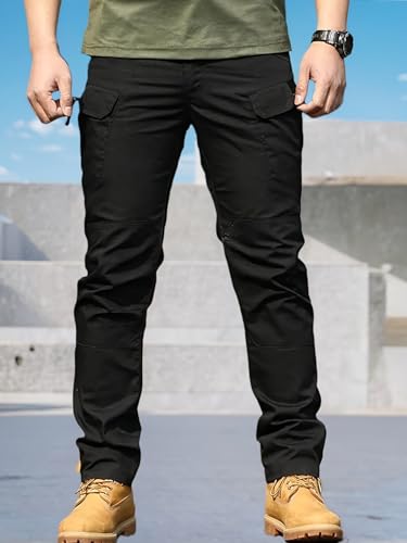 Image of Shasmi Black Mens Durable Comfy, Solid Color, Drawstring Waist, Casual Style, Breathable Fabric, Outdoor, Utility Multi-Pocket Design Cargo Trousers Pants for Men (MCargo 152)
