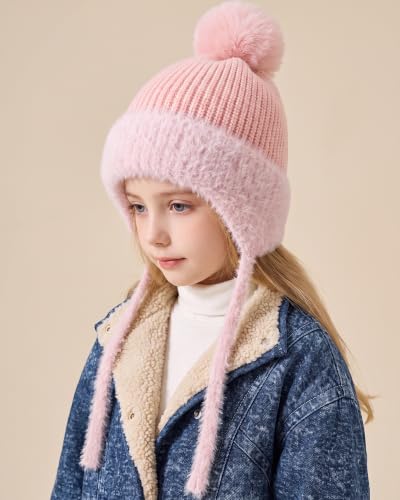 Kids Winter Hat, Fleece Lined Warm Knit Beanie Hat Girls Boys with Pom Poms - image 2