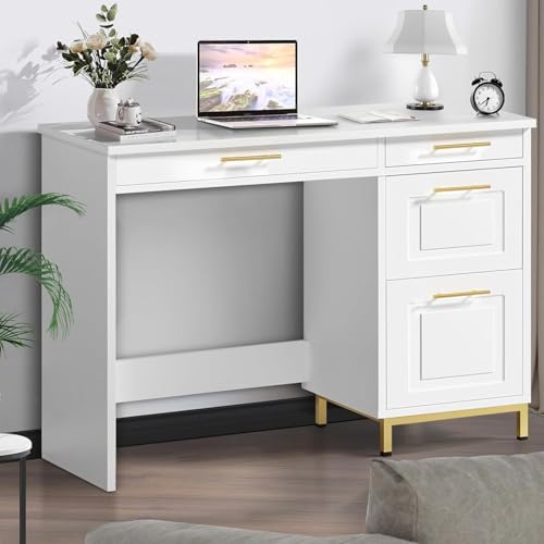 4 EVER WINNER White Desk with Drawers and Golden Handles, 43' Home Office Desks with Drawers, Computer Wrighting Table with Storage for Bedroom, White and Gold Desk