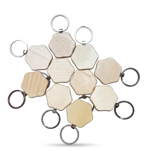 Image of Empty Wooden Keychains, Laser Engravable, Printable & Writable, Pack of 10 Assorted Shapes, 5cm x 3cm