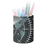 Donnapink Digital Radar Screen With World Map Targets Leather Round Pen Holder, Pen Organizer Desk Organizer Makeup Brush Holder for Men Women Office School Home 3.9 x 3.1 inch