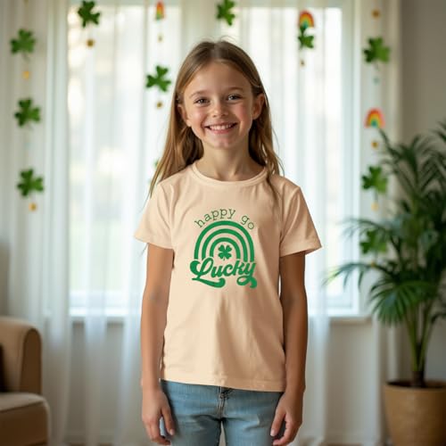 Image of Boys Girls St Patricks Day Shirts Kid Happy Go Lucky Shamrock T-Shirt Short Sleeve Clover Tees Tops Irish Outfit(Beige,9-10Y)