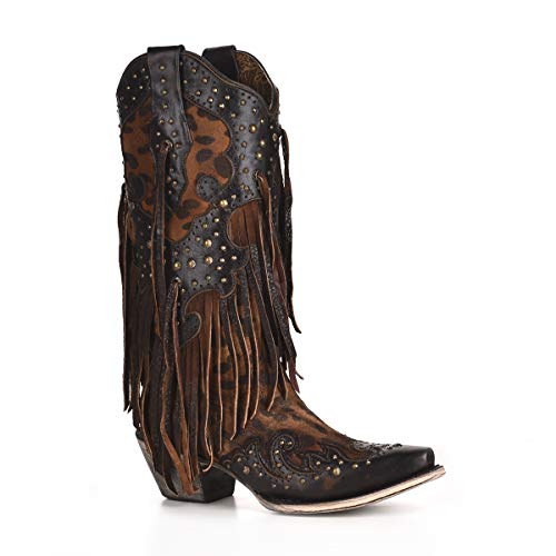 Corral Boots Women's Handcrafted Western Boots | Snip Toe Cowboy Boots with Leopard Print, Fringe and Stud Details