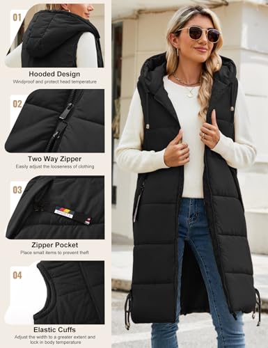 Tuopuda Chaleco Acolchado Mujer Invierno Chaleco de Plumas Chaquetas Largo sin Mangas Chaleco con Bolsillos Abrigos con Capucha(Negro,XL) - imagen 3