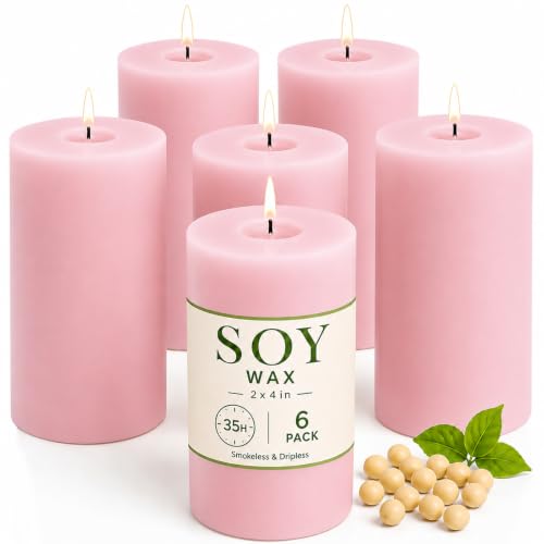 6 Pack Soy Pillar Candles Non-Toxic Unscented Pink Candles for Home Decor