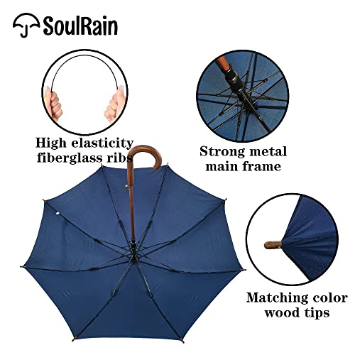 Soulrain 48" Arc Classic Wood Handle Umbrella Auto Open Windproof Unbreakable Stick Rain Umbrella (Navy) #TOP5