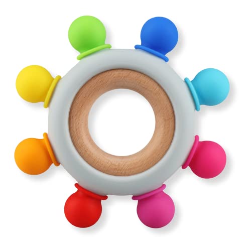 Image of Baby Teething Toys, Silicone Chewable Teethers with Wooden Ring for Soothing Babies Gums, Rudder Chewers Shower Gift for lnfants & Toddlers, 3+ Months (8 Directions, Rainbow)
