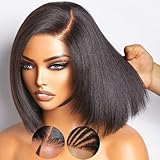 KLAIYI Yaki Straight Bob Wigs Human Hair Bye Bye Knots Glueless Wig Pre Cut 7x5 Lace Front Wigs for Women Pre Bleached Pre Plucked Put On and Go Wig Easy to Wear Short Kinky Wigs with Baby Hair 14Inch