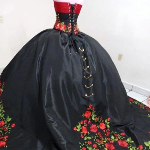 Pearls Black and Red Floral Applique Pleated Quinceanera Dresses Charro Ball Gowns Masquerade 20252
