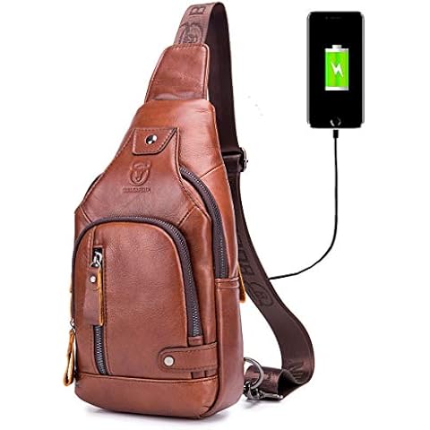 BULLCAPTAIN Genuine Leather Sling Bag with USB Charging Port Multi-pocket Chest Bag for Men Hiking Travel Daypack XB-129(Brown) Cover