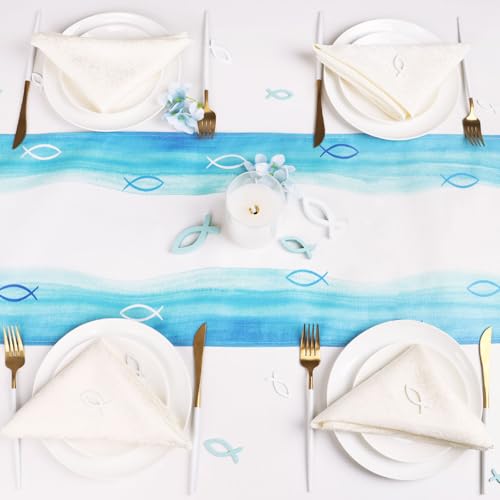 Kommunion Deko, 270x30cm Tischläufer mit christlichen Fischen Konfirmation Tischdeko Taufe Tischband für Junge Mädchen Leinenoptik Tischdecke Läufer Dekoration