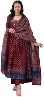 Fayzlen Fashion Women's Anarkali Kurta Palazzo Set with Dupatta, Pure Cotton, Ajrakh Floral Block Print, 3 Piece Ethnic We... Price In India