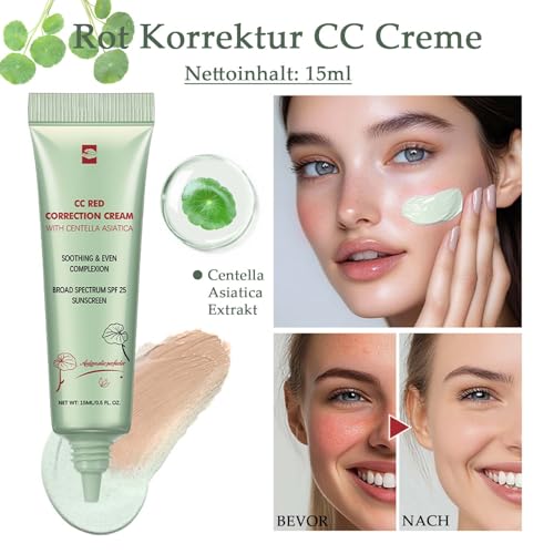 CC Cream Red Correct, CC Creme gegen Rötungen mit Centella Asiatica, Korean Make Up Fondation mit SPF 25, Full Cover Concealer mit Beruhigender Wirkung für einen Natürlich Gleichmäßigen Alle Hauttypen